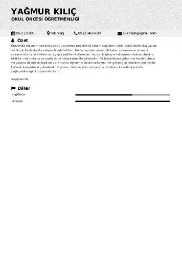 Okul Öncesi Öğretmeni Öğretmenliği Cv Örnekleri cv indir